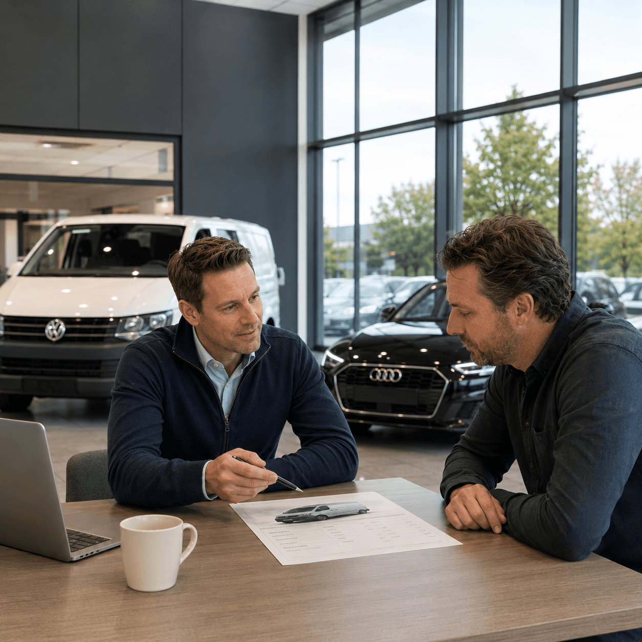 AFD Lease-adviseur bespreekt een lease- en financieringsaanvraag met een partner aan tafel