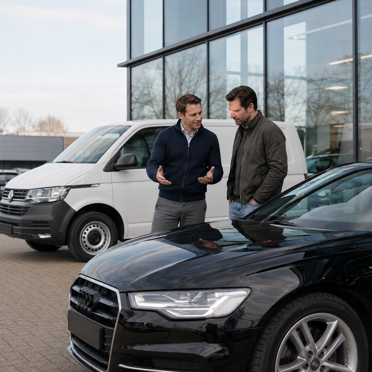 AFD Lease-adviseur in gesprek met een autobedrijf-eigenaar voor de showroom, naast een zwarte Audi en een witte bedrijfsbus