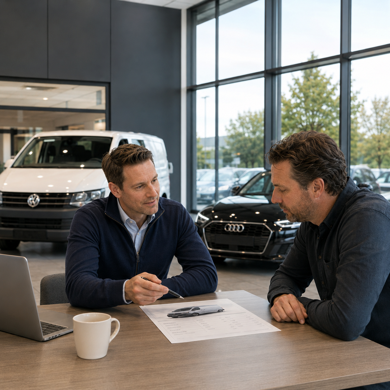 AFD Lease-adviseur bespreekt een lease- en financieringsaanvraag met een partner aan tafel