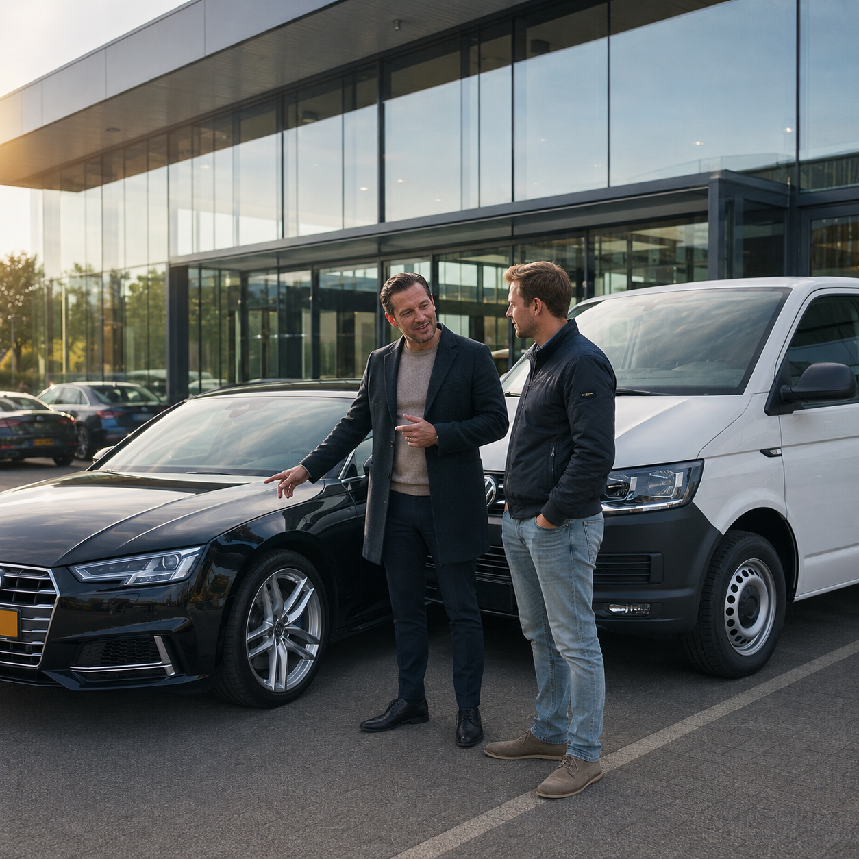 Modern autobedrijf bij zonsondergang, waar een AFD Lease-adviseur samen met een klant naar een zwarte Audi kijkt naast een witte bedrijfsbus