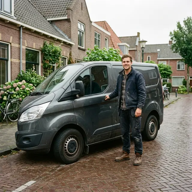 Trotse ondernemer naast zijn bedrijfsbus, aangeschaft via huurkoop
